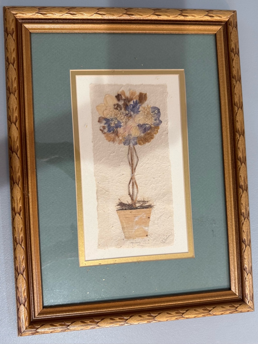 Vitorio Signed Framed Matted Pressed Flower Art Floral Pot Bouquet 16x12